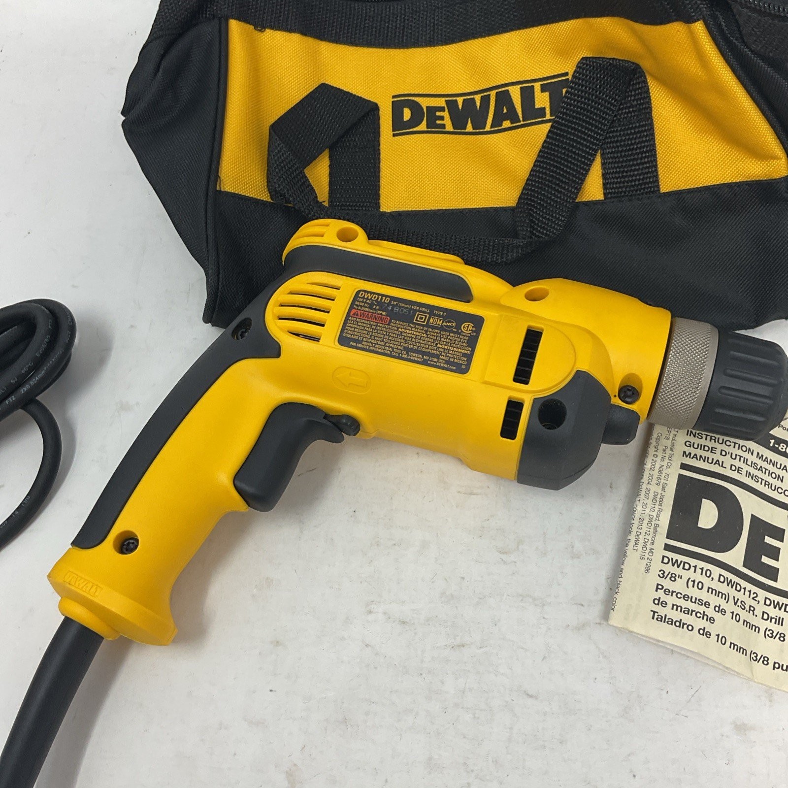DEWALT DWD110K 3/8 in. Variable Speed Corded Drill Kit with Tool Bag gallery