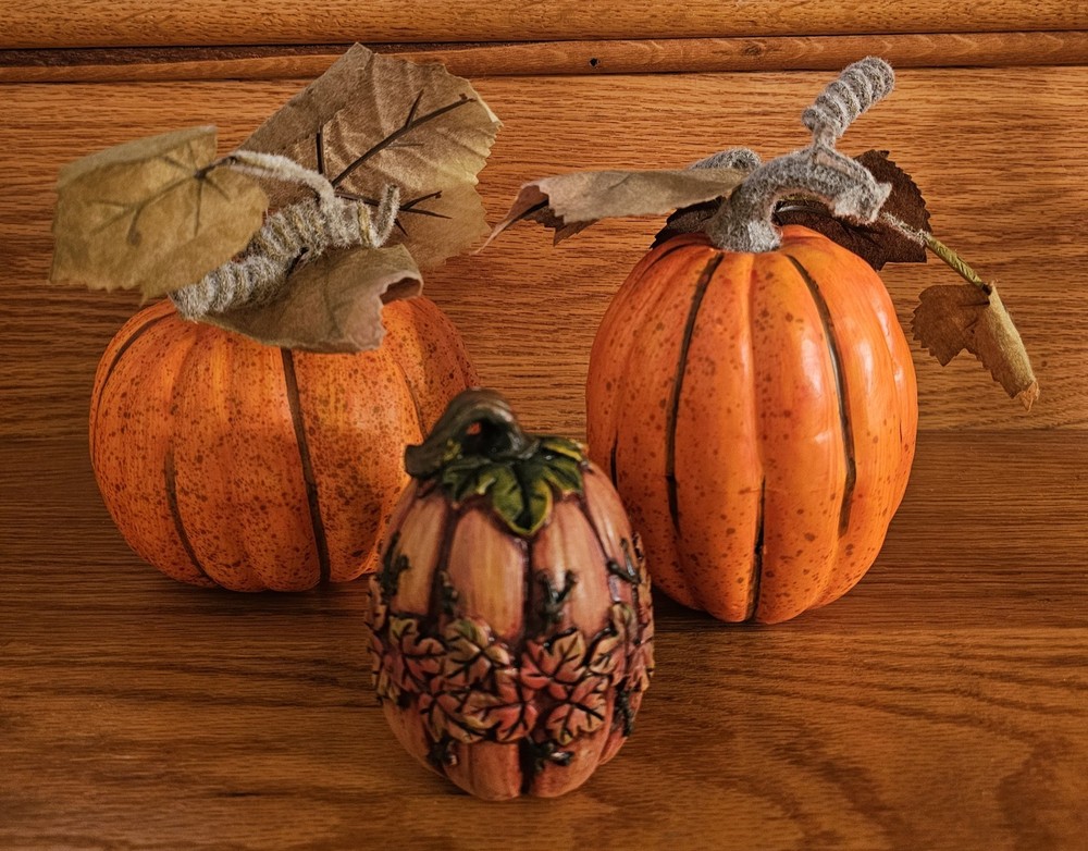 Fall Decorative Pumpkins 2 Foam 5x5"&5x4" & 1 Resin 4x2.75" Set Of 3