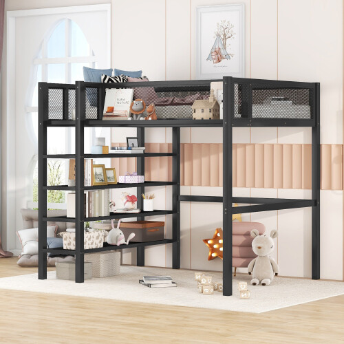 Metal Loft Bed w/ Storage Shelves Twin Size Loft Bunk Bed Frames for School Dorm gallery