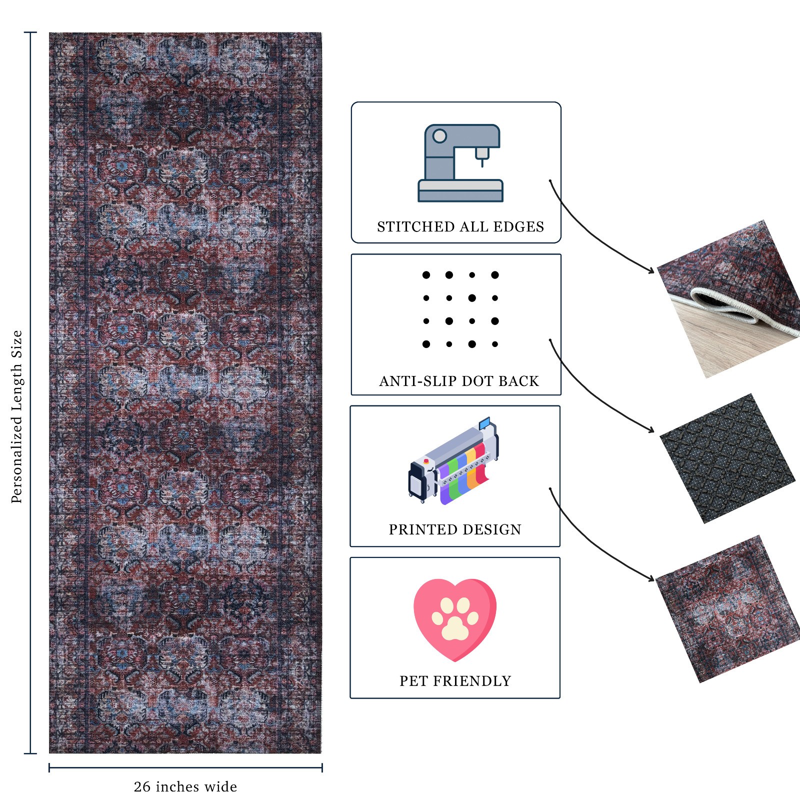 Custom Size Anti-Slip Canvas Back Dark Mahal Runner Rug 26 Inches Wide gallery
