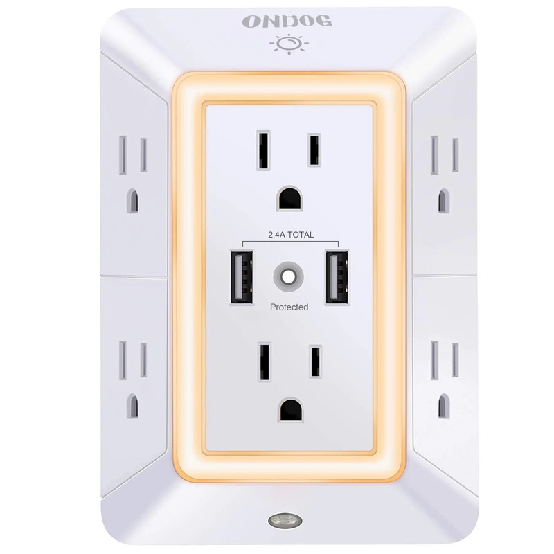 3 Sided Outlet Extender 6 AC Outlets 2 USB Ports LED Night Light 1680J gallery