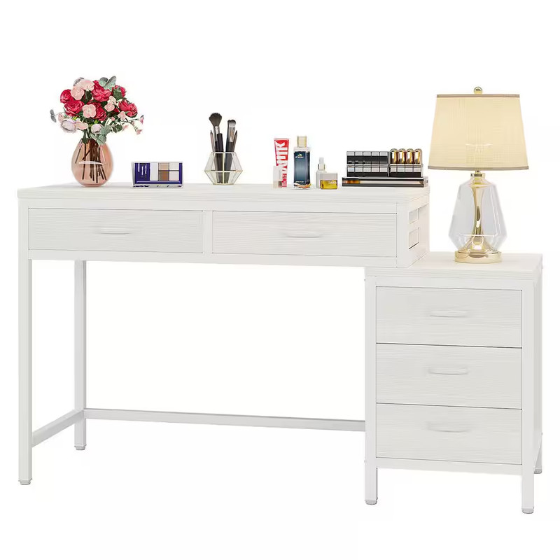 Moronia 51 In. Retangular White Computer Desk 5-Storage Drawers Home Office Stud gallery