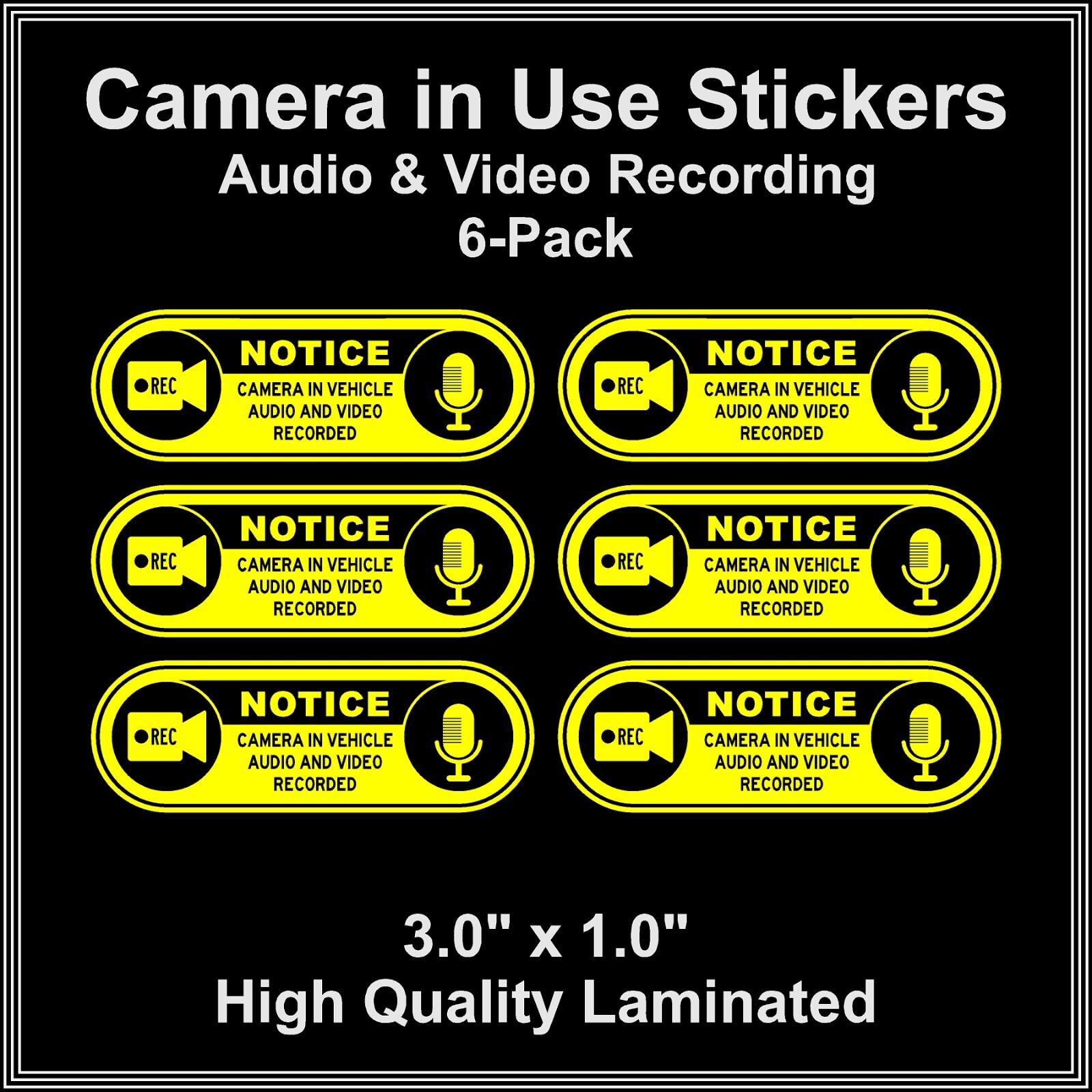 Camera in Car Recording Video 6-Pack Decals Yellow & Black 3.0" x 1.0" for Uber gallery