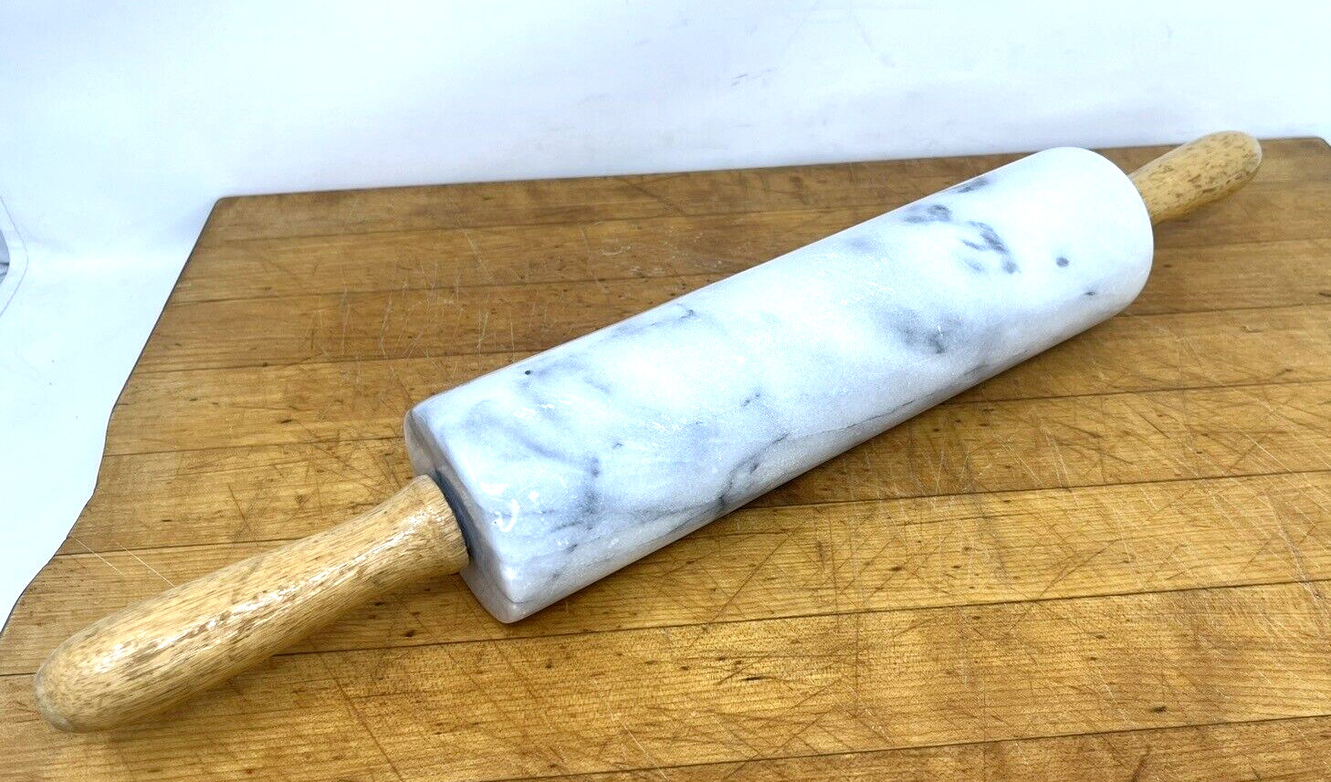 Marble Rolling Pin 18" Long 9.75" Barrel w wood handles White Grey 4 Lbs 15 Oz gallery