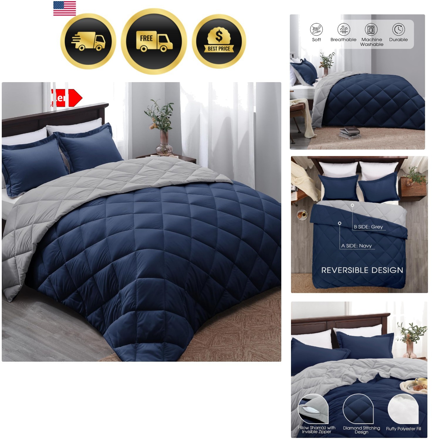 Queen Comforter Set - Navy Blue Comforter Set Queen Size, Reversible Bed Comf... gallery