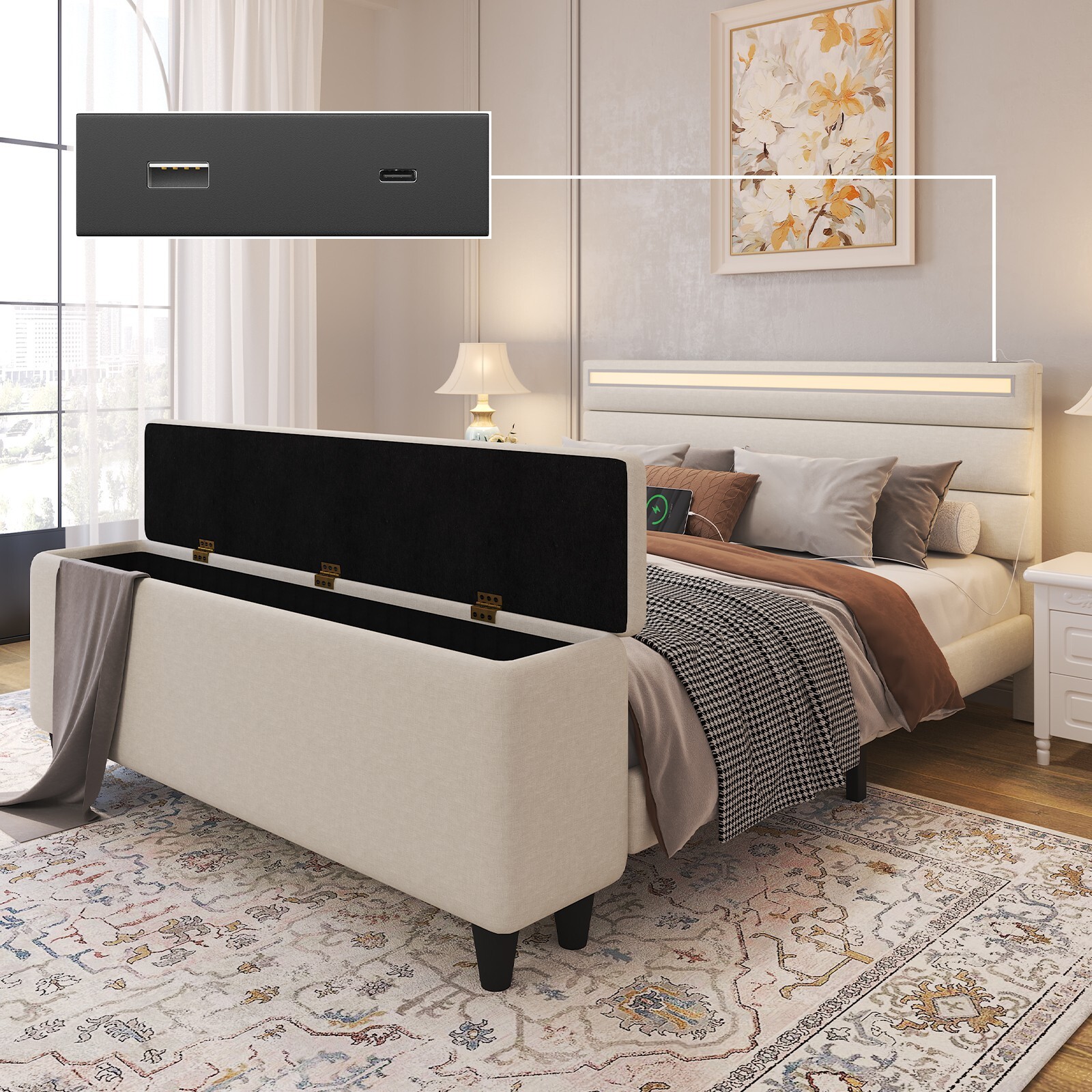 Upholstered Full Queen LED Bed Frame with Storage Ottoman, Charging Station gallery