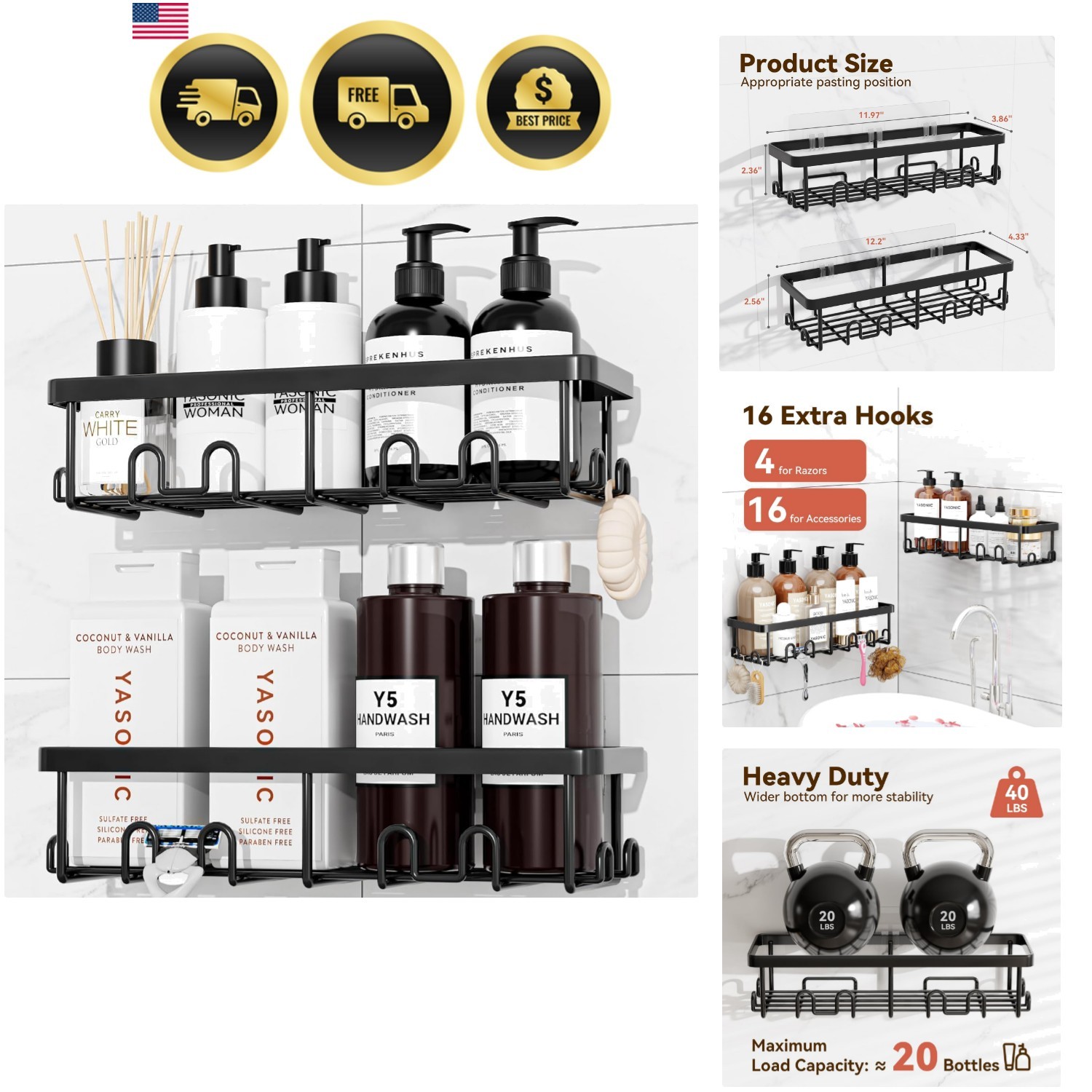 Versatile Adhesive Shower Organizer Caddies - Rustproof, Easy Install (2 Pack) gallery