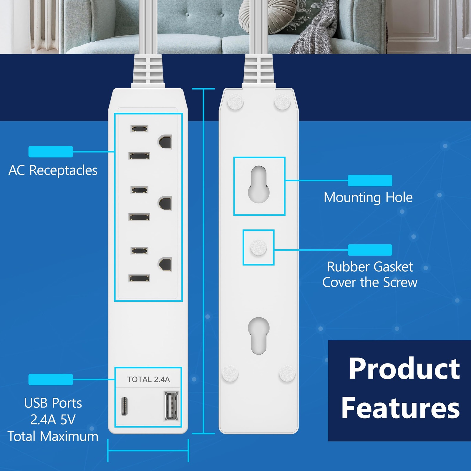 Outlet Extender with 3 Receptacles, 12W USB Type-A, and USB Type-C, USB Port,... gallery