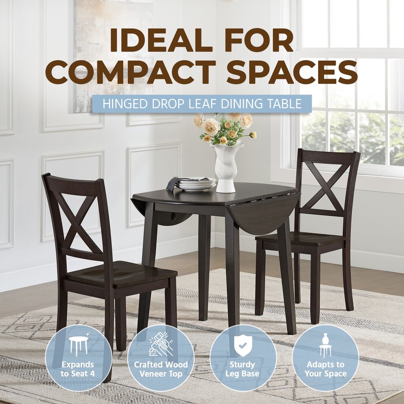 ROME + OAK Hinged Drop Leaf Dining Table, 22 to 36 Inch Round Tabletop, Brown gallery
