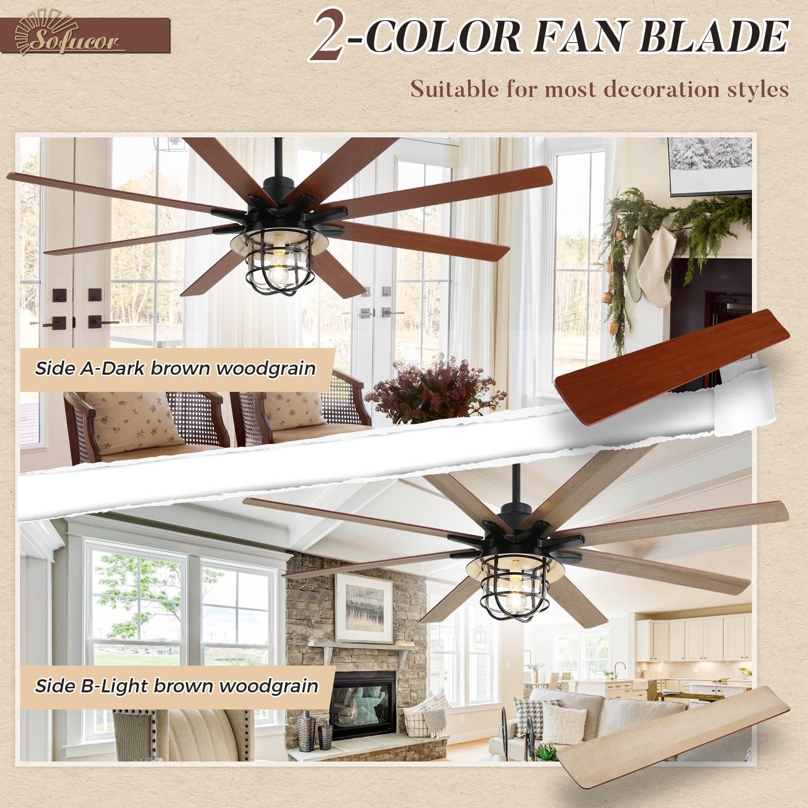 Sofucor 66 Inch Ceiling Fans Lights And Remote 6-Speed 3-Timer Farmhouse gallery