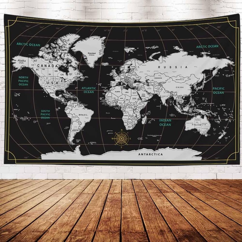 World Map Tapestry Wall Tapestry World 80" L x 60" W Black White 2 gallery