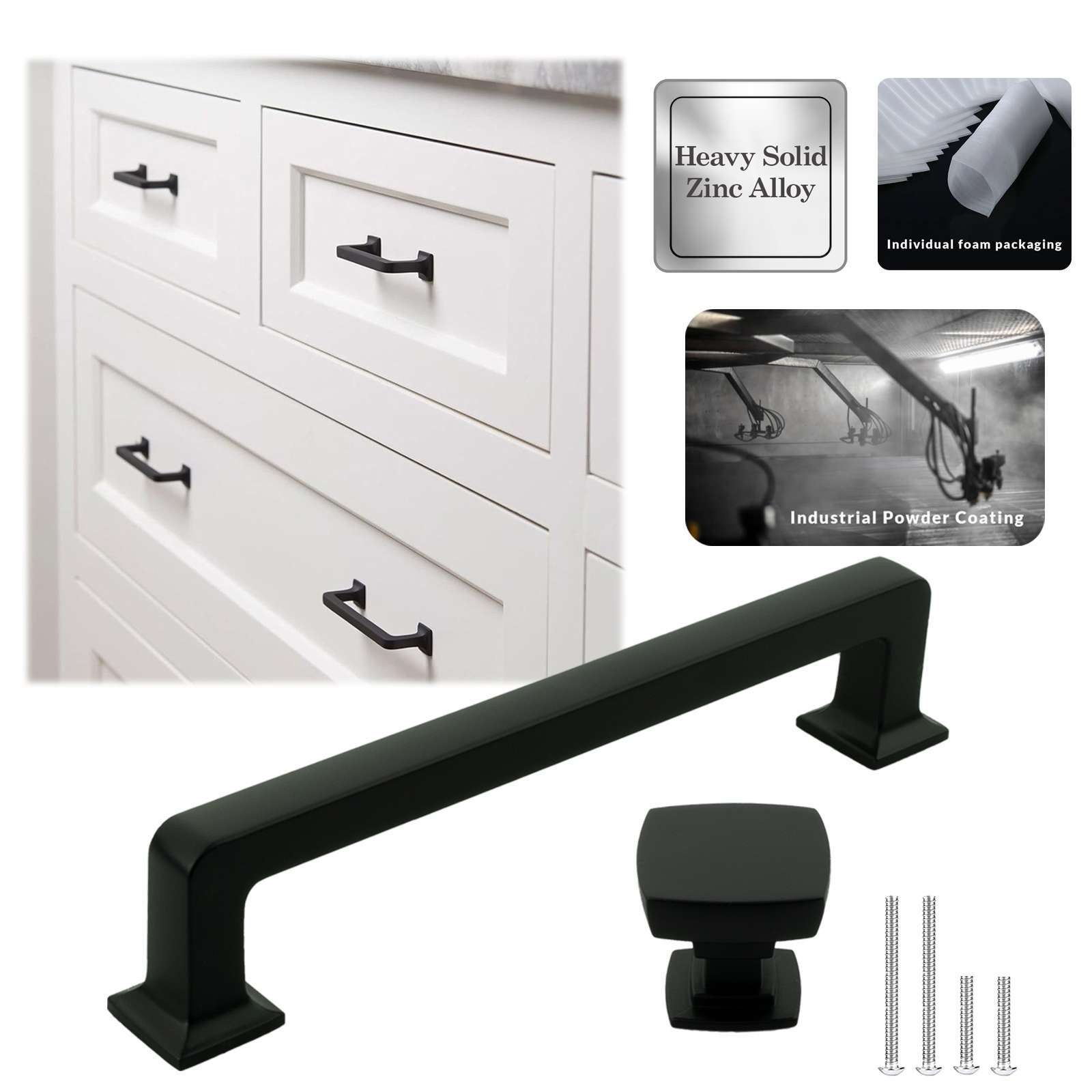 Solid Matte Black Cabinet Door Handles Pulls Knob Kitchen Bathroom Drawer Square gallery