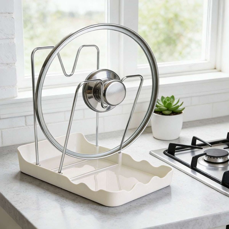 Kitchen Pot Lid Storage Rack Stainless Steel Pot Lid Holder Spoon Rest Organizer gallery