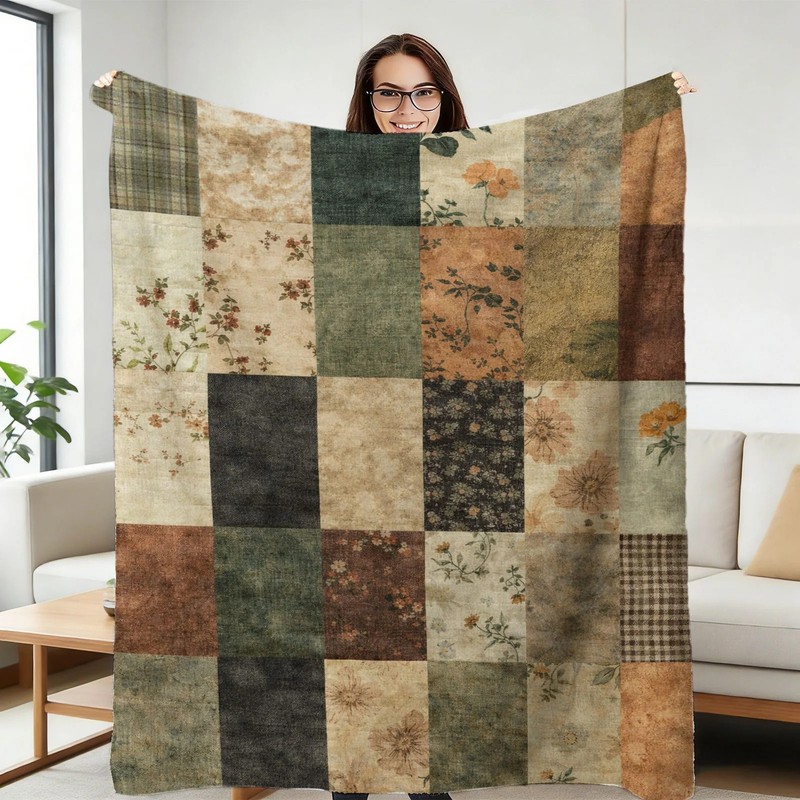 Vintage Floral Patchwork Flannel Blanket Soft Cozy Tapestry Napping Travel Use gallery