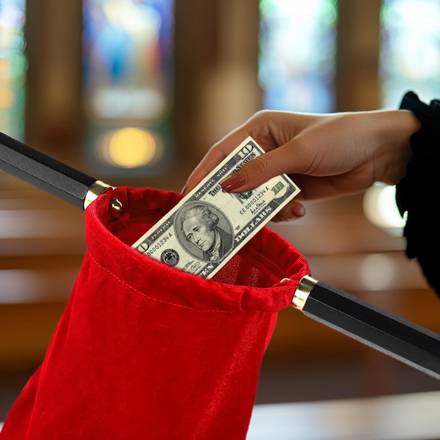 Church Tithe Offering Bags with Wooden Handles Offering Baskets Red gallery