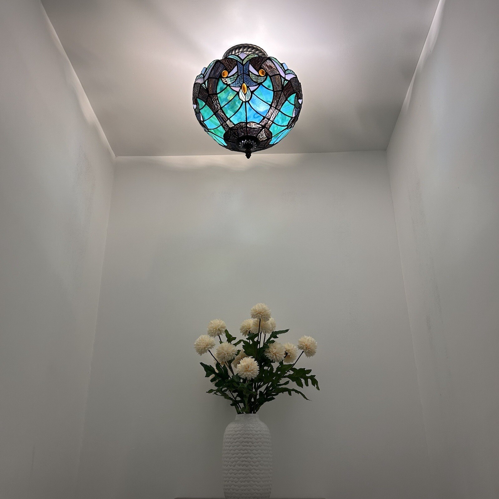 Tiffany Style Ceiling Light Fixture Green Brown Stained Glass LED Bulbs 12"H12"W gallery