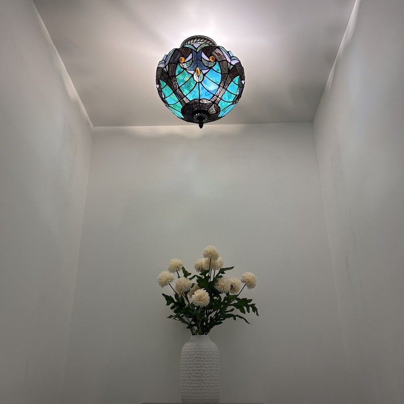 Tiffany Style Ceiling Light Fixture Green Brown Stained Glass LED Bulbs 12"H12"W gallery