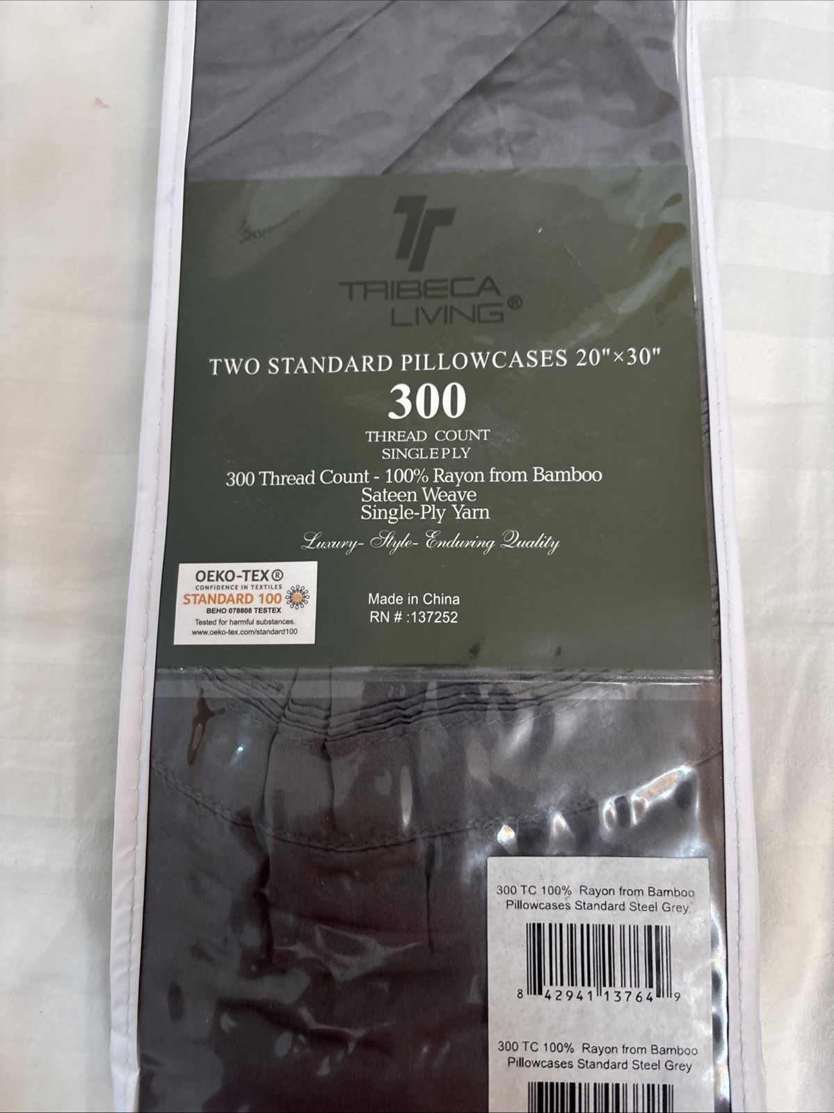 Tribeca Living 2- Pc Standard Pillowcases 300 TC 100% Rayon From Bamboo Grey NWT gallery