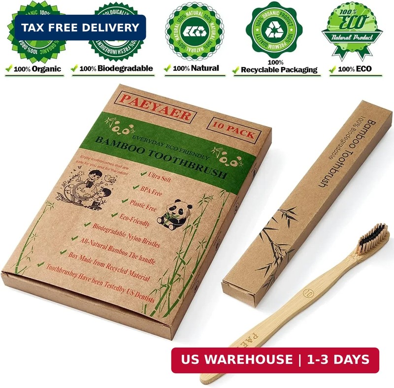 10 Count Bamboo Toothbrush (Soft+Medium) Charcoal Toothbrushes, Natural Wood Too gallery