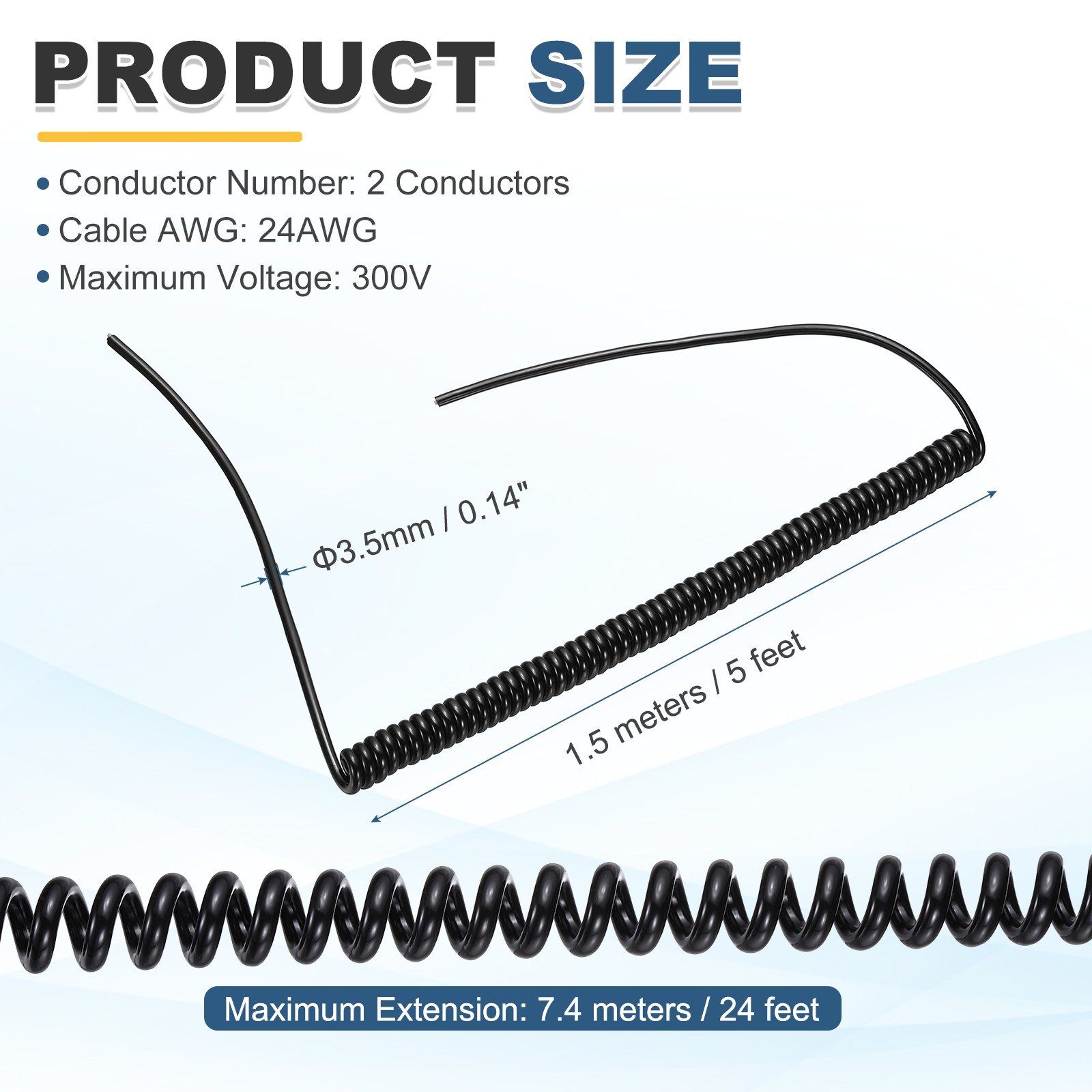 5ft Retractable Coiled Coil Cord, 2 Conductor 24AWG Spiral Power Cord Cable gallery