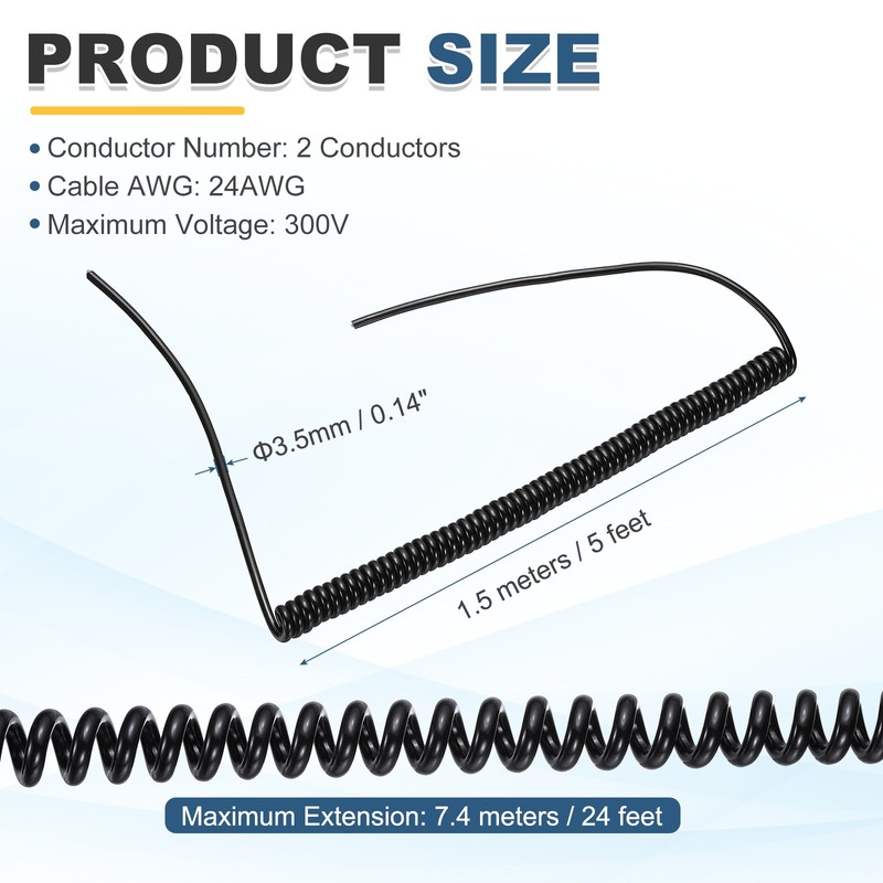 5ft Retractable Coiled Coil Cord, 2 Conductor 24AWG Spiral Power Cord Cable gallery