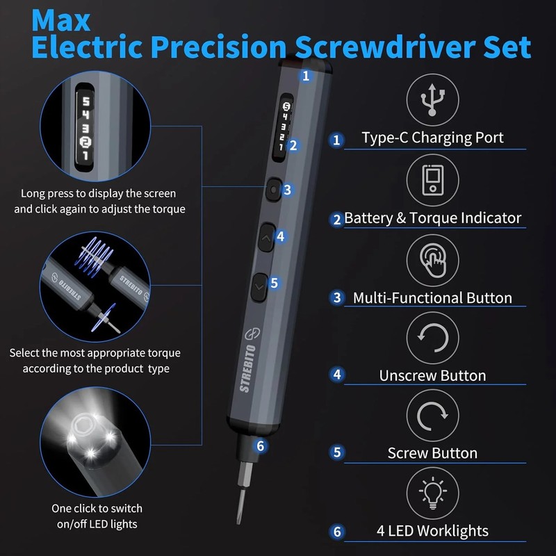 STREBITO Mini Electric Screwdriver Set, 70 in 1 Small Electric Screwdriver - 64 gallery