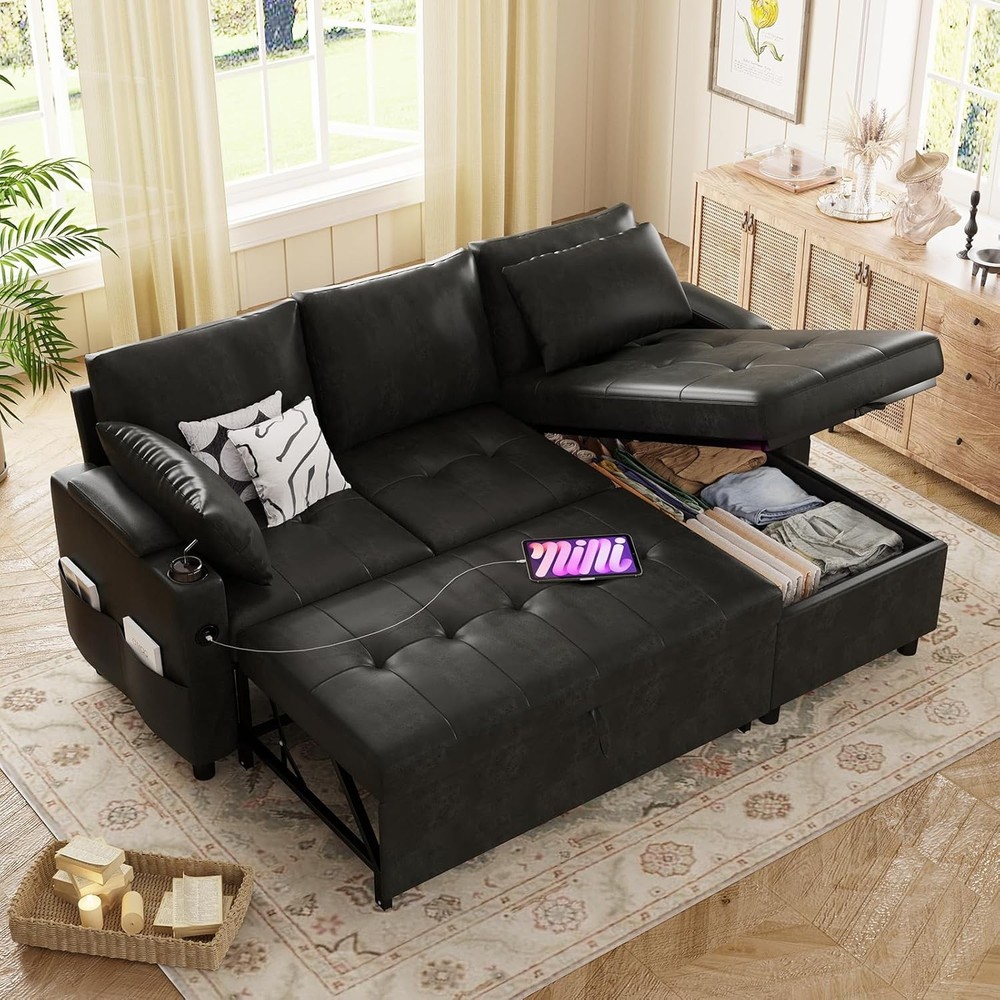 Sectional Sleeper Sofa Couch Leather Pull Out Bed Reversible Storage Chaise USB