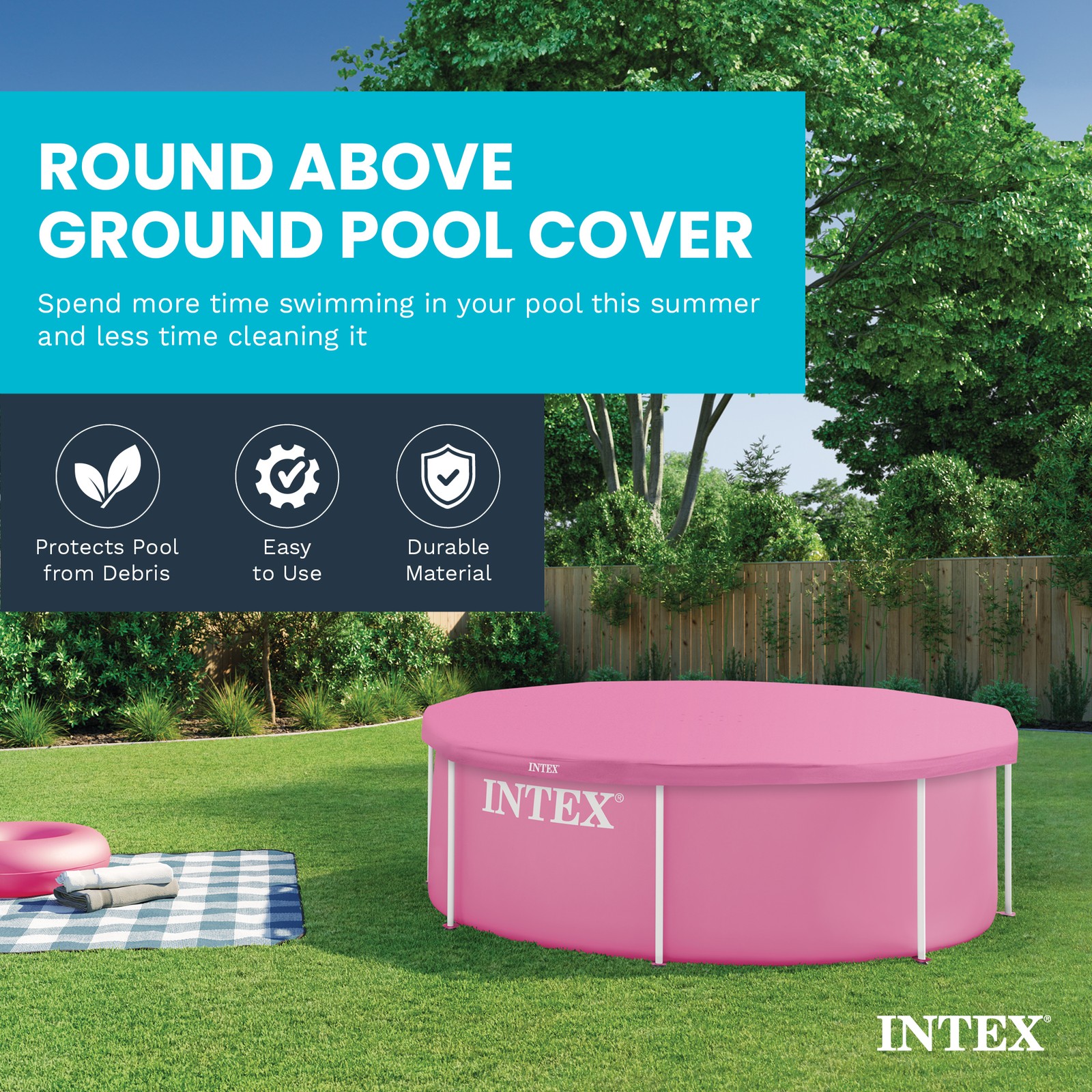 INTEX 8 Foot Round Metal Frame Outdoor Backyard Swimming Pool Debris Cover, Pink gallery