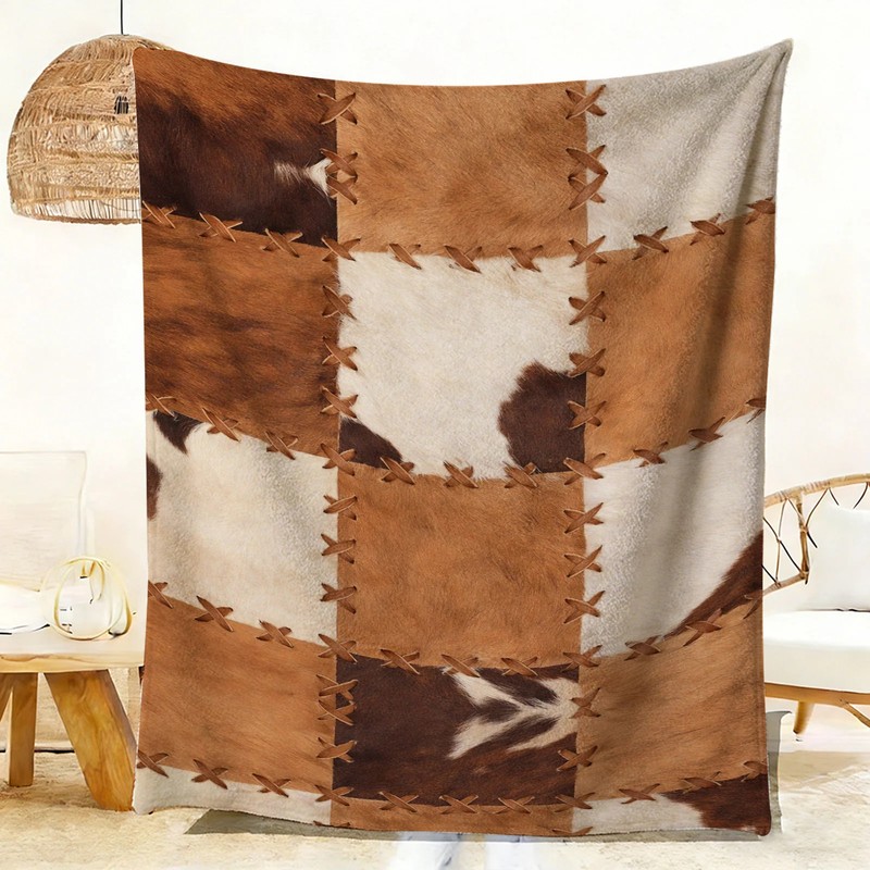 Cowhide Patchwork Flannel Blanket Soft Cozy Tapestry Napping Travel Use gallery