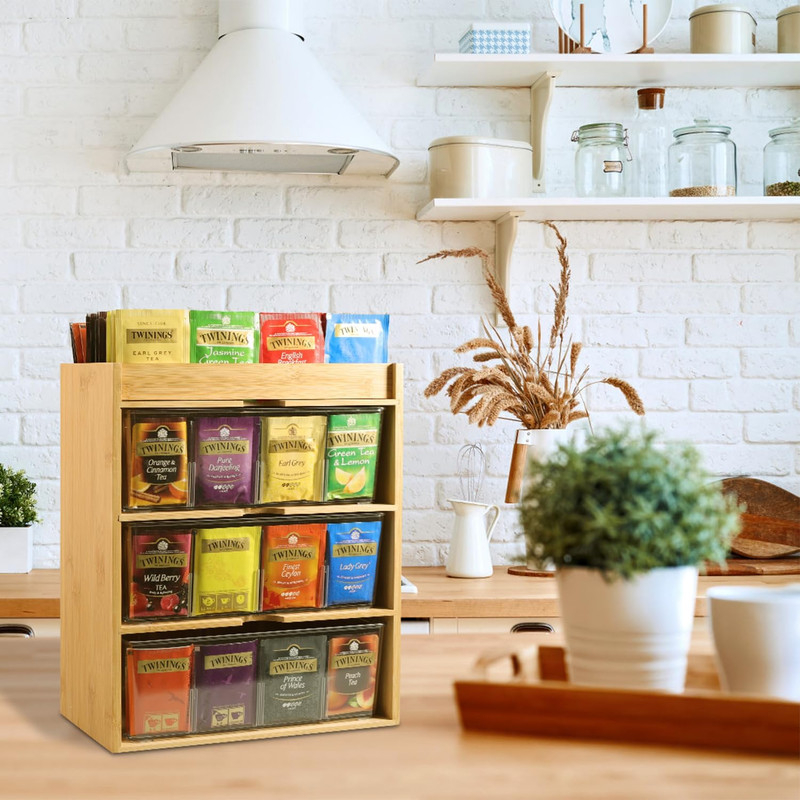 Tea Organizer - Bamboo & Acrylic 3-Layer Tea Bag Holder with Drawer, Rustic Mini gallery