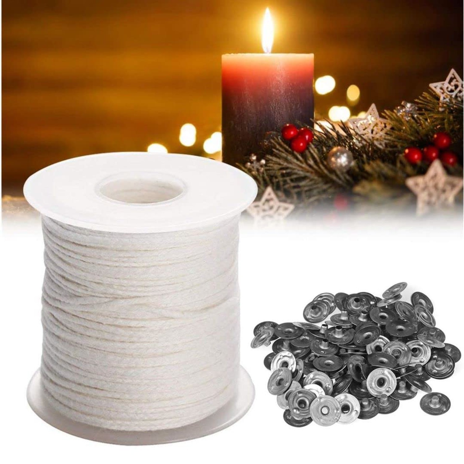 Natural Cotton Candle Wick Core 200ft Roll With 100 Metal Sustainers Tabs - S... gallery