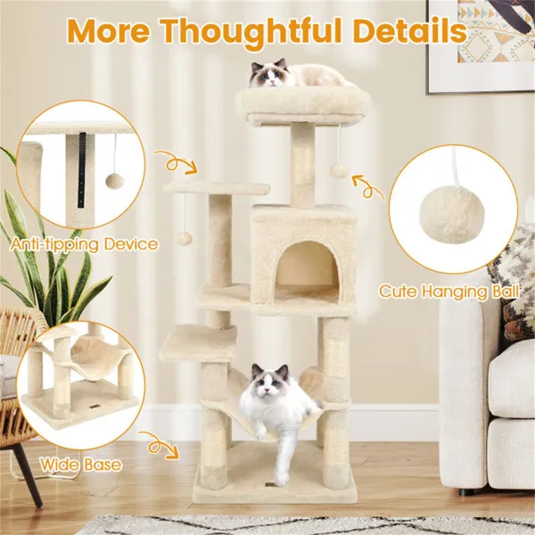 44in Cat Tree Tower Beige Multi Level w/ Top Perch 2 Door Condo Hammock for Indo gallery