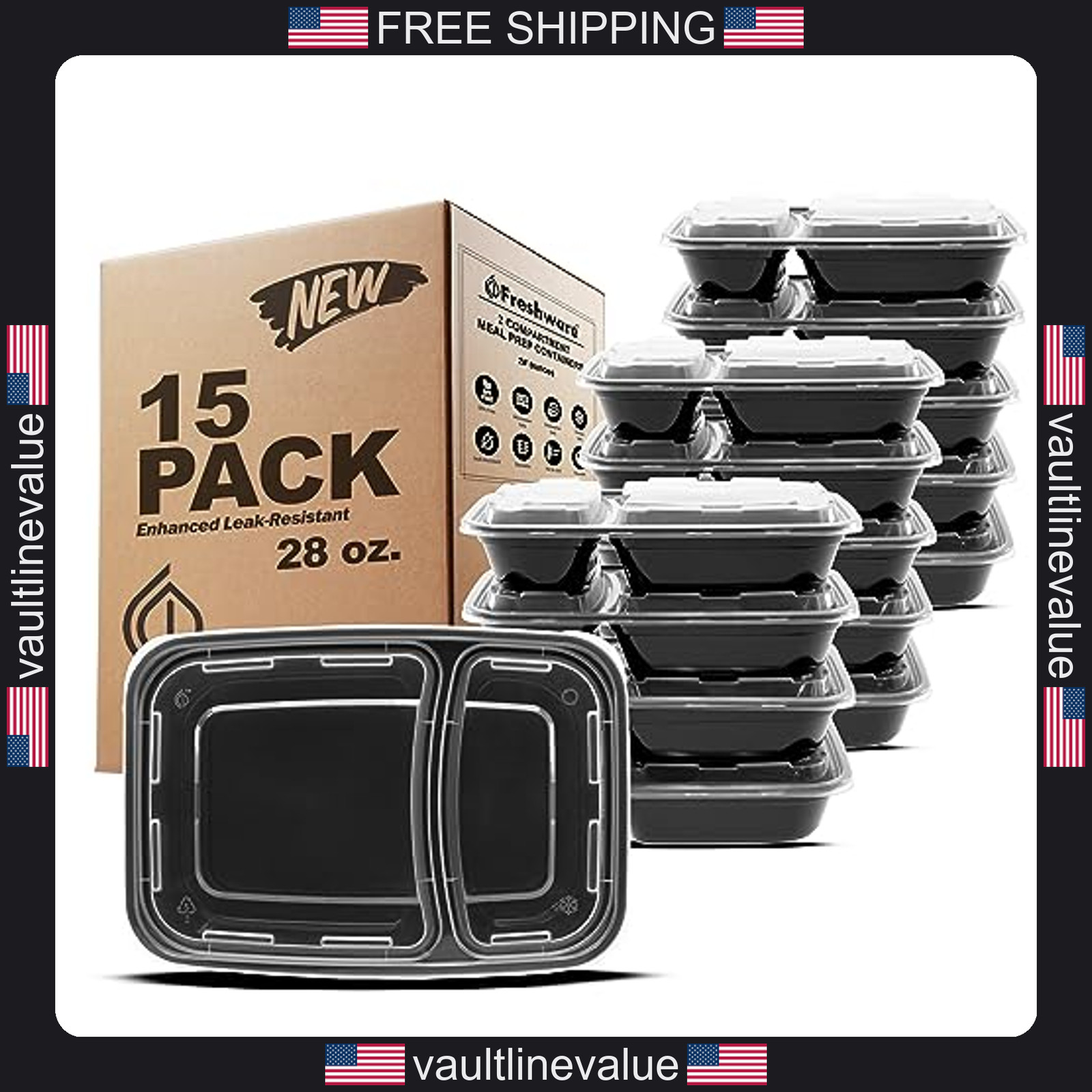 Freshware 15 Pack 28oz Meal Prep Containers 2 Compartment BPA Free Black gallery