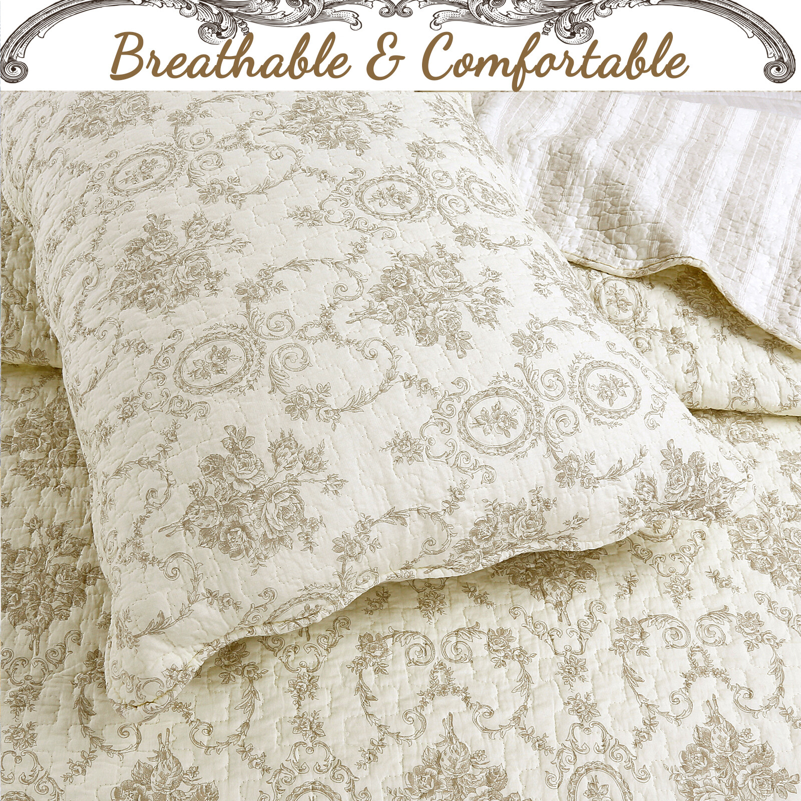 French Medallion Ivory 100% Cotton Quilt Set, Bedspread, Coverlet gallery