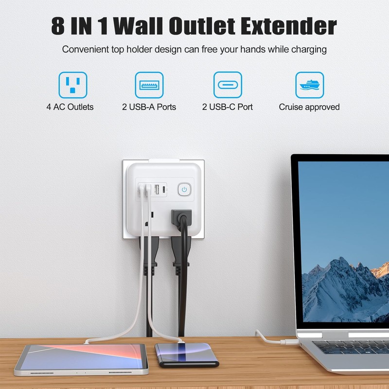 8-in-1 Multi Plug Expander, Outlet Extender with 4 Outlets & 4 USB Ports (2 U... gallery