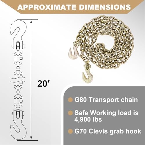 AAIN Trailer Safety Chains with Hooks | WLL 4,900 LBS 5/16 Inch - 20 FT 2 Pack gallery