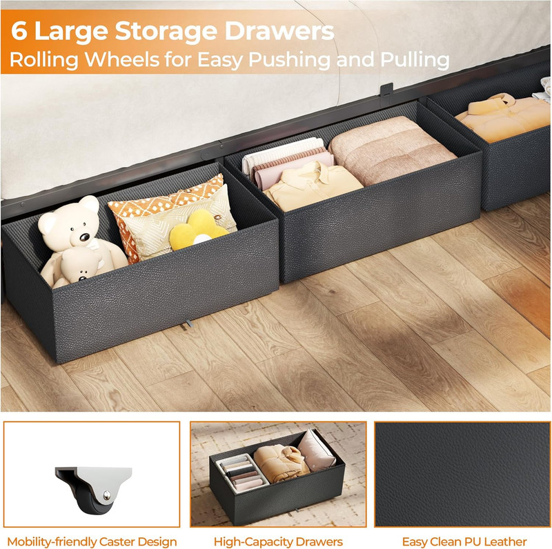 Full Size Bed Frame, 2-Tier Storage Headboard & 6 Fabric Drawers, PU Leather Uph gallery