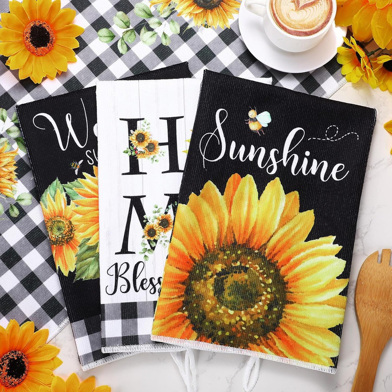 4 Pcs Sunflower Kitchen Towels Black and White Buffalo Plaid Flower Floral Hand gallery