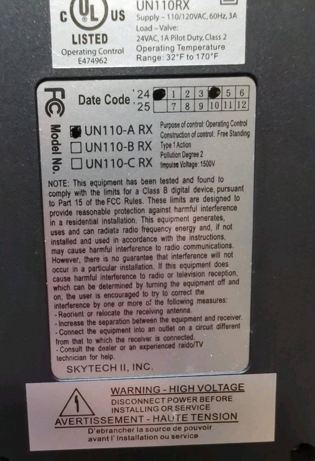 Skytech 1420-A On/Off Fireplace Remote Control Kit 110V gallery