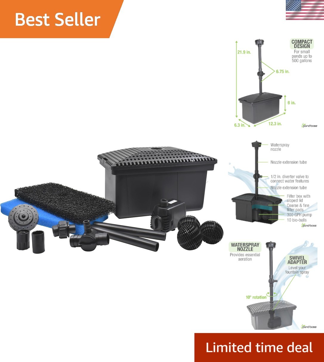Versatile 320 GPH Filter Kit with Submersible Pump for Ponds Up to 500 Gallons gallery