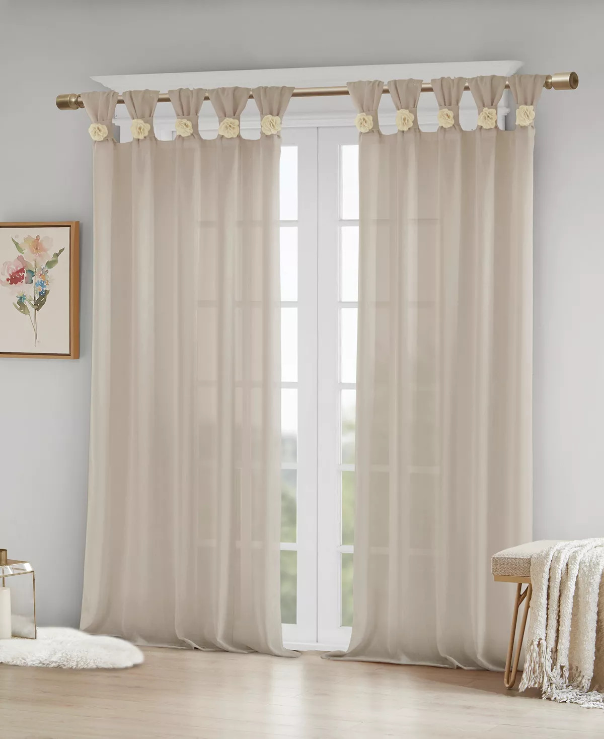 2 Madison Park Rosette Floral 63 Inch Twist Tab Window Curtain Panel in Linen gallery