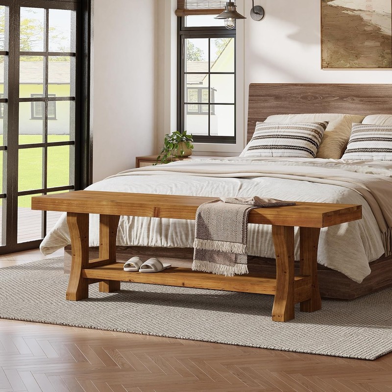 55-Inch Solid Wood Entryway Bench, Indoor End of Bed Bench with Storage Shelf gallery