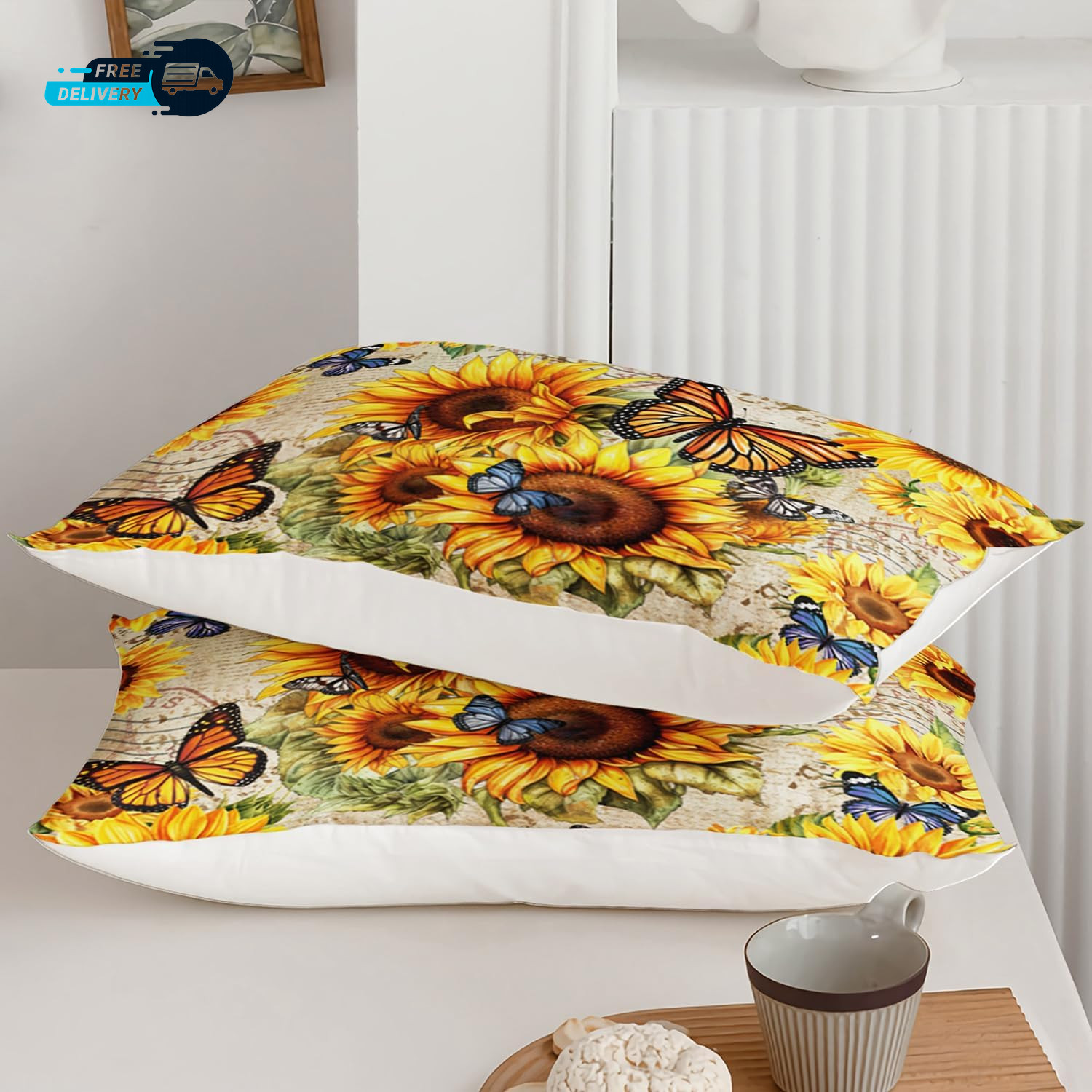Sunflwer Duvet Cover Set Twin Size Butterfly Comforter Cover Retro Yellow Flower gallery