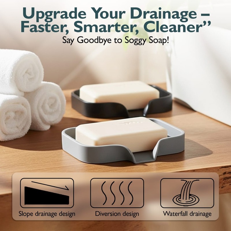 3 Pack Silicone Soap Dish with Drain Self Draining Holder Bathroom Kitchen Sink gallery
