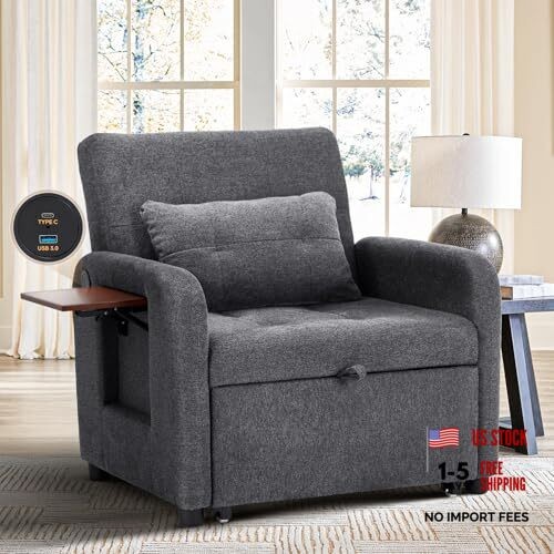 Convertible Sleeper Chair-Fabric Futon Sofa Bed, Single Sleeper New Darkgrey gallery