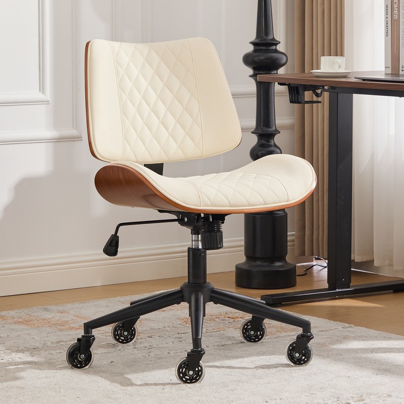 Ergonomic Mid Back Armless Chair, Adjustable Height, 360 Swivel, Brown Leather. gallery
