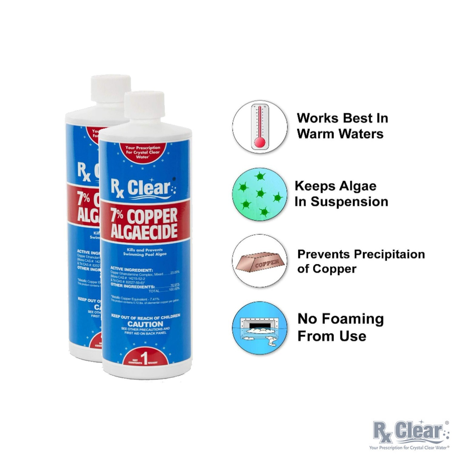 Rx Clear Swimming Pool 7% Copper Algaecide Chemical - 32 oz - (Choose Quantity) gallery