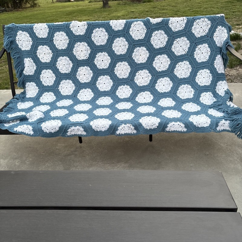 Handmade Crochet afghan Hexagon Pattern Blue and White. 47in. x 72 Granny Core gallery