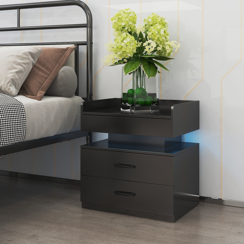 LED Nightstand with Adjustable Strip Light 2 Drawers Storage Bedside Side Table gallery
