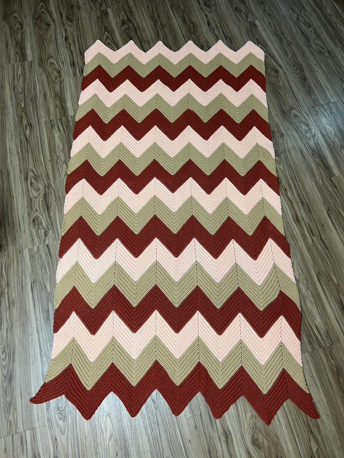 Handmade Crochet Afghan Blanket Throw Chevron Ripple Striped Pink Sage Rust gallery